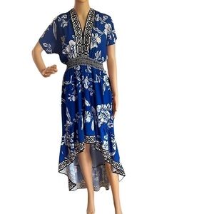 Flying Tomato Women’s Sz M Grecian Maxi Floral Dress Royal Blue Hi Low coastal